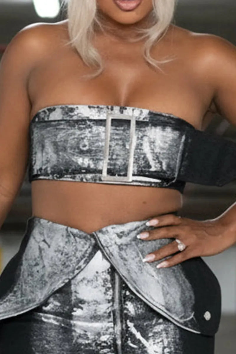 Women's Printed Zipper Short Sexy Top Or Printed Irregular Design Bodycon Skirt