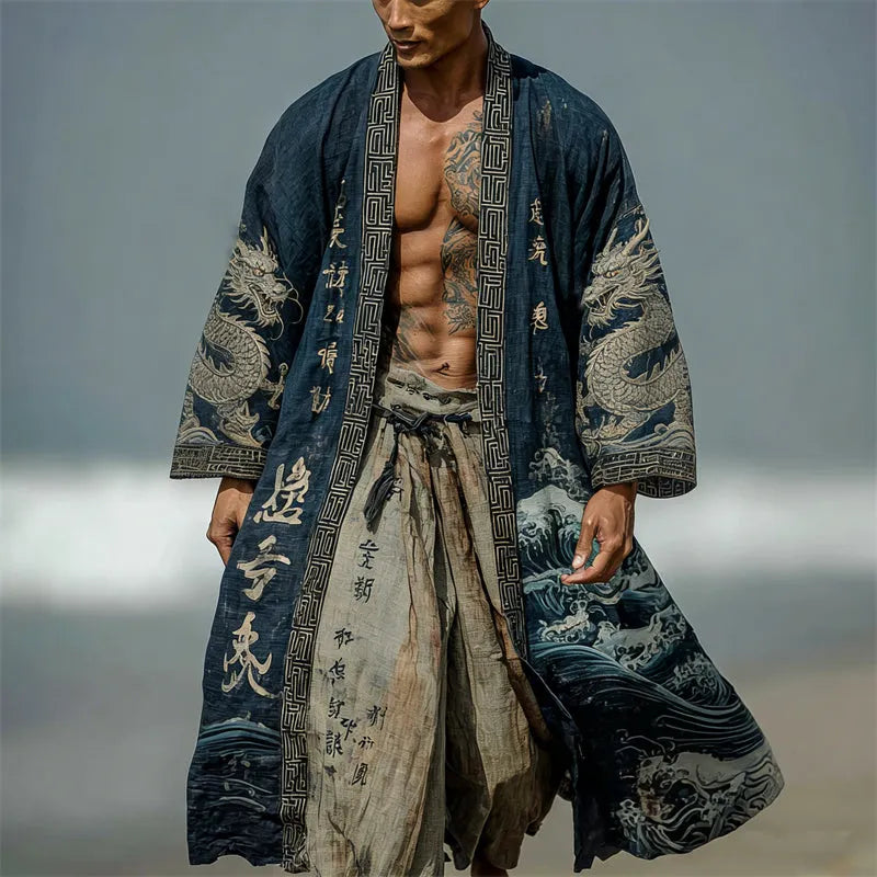 Men's Japanese Dragons Sea Waves Calligraphy Linen Long Kimono