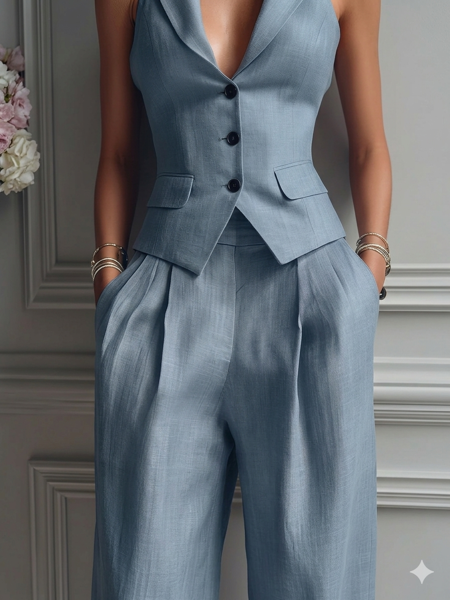 Women's Elegant Tailored Vest & Wide-Leg Pants Set - 2 Piece Chic Power Suit for Office & Leisure
