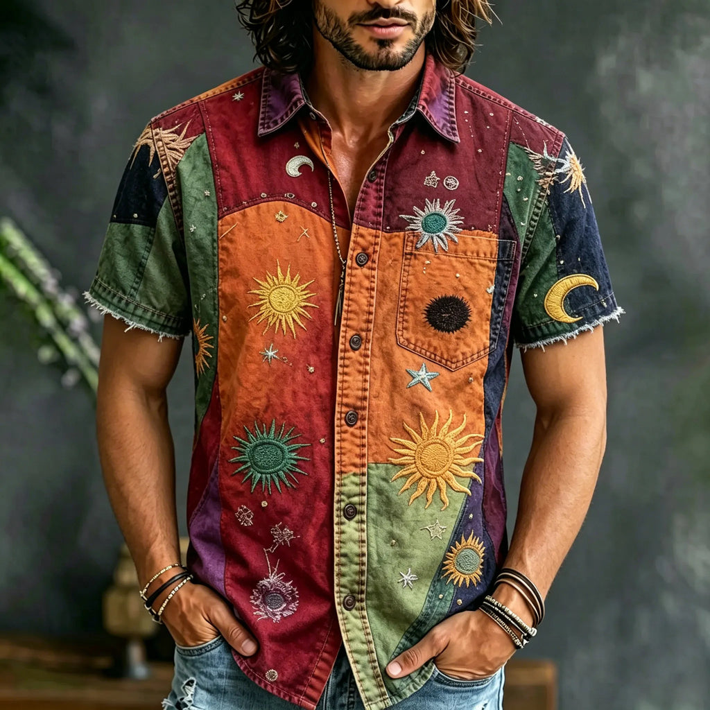 Men's Retro Hippie Patchwork Short-sleeve Shirt