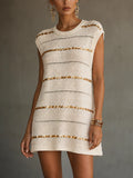 White Sequin Trim Knit Sleeveless Crochet Texture Mini Dress