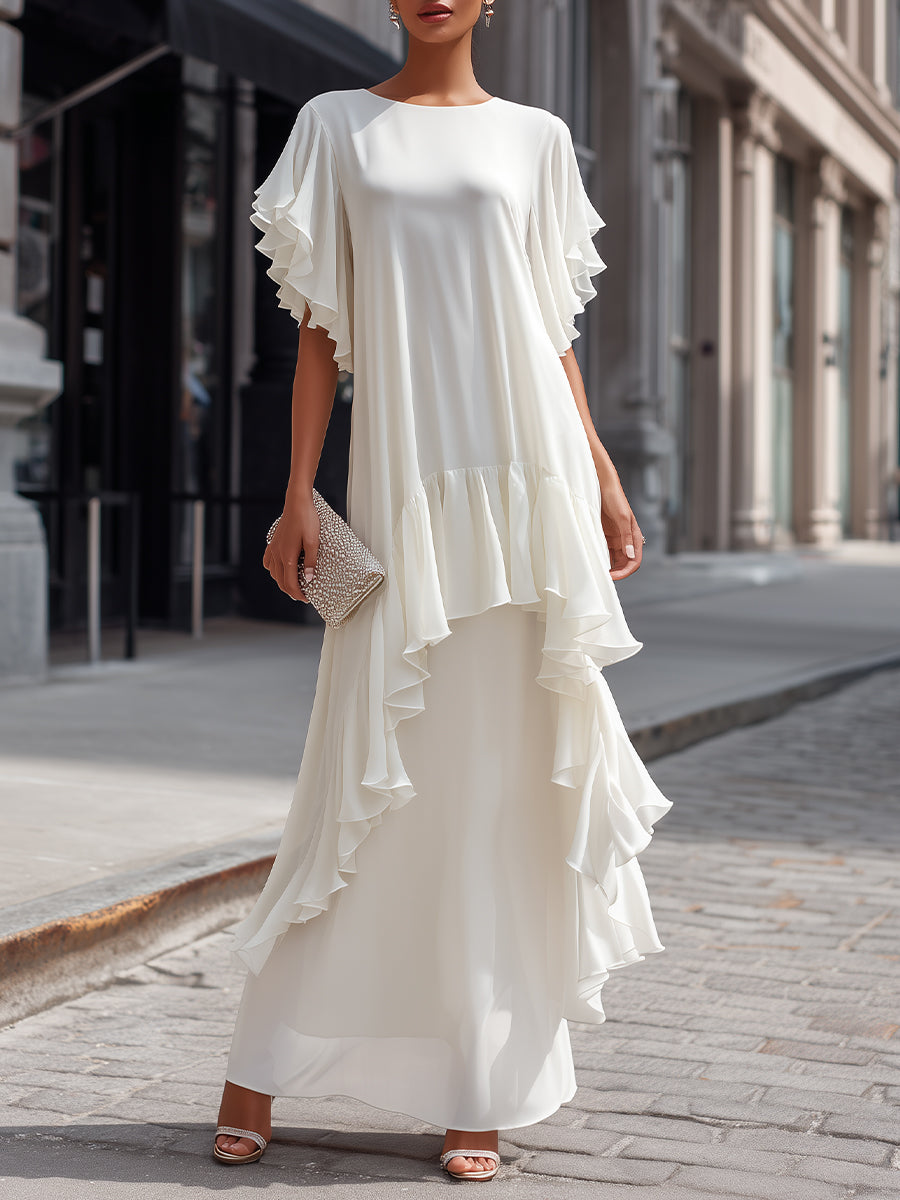 Layered Ruffle Sleeve Asymmetric Tiered Maxi Dress