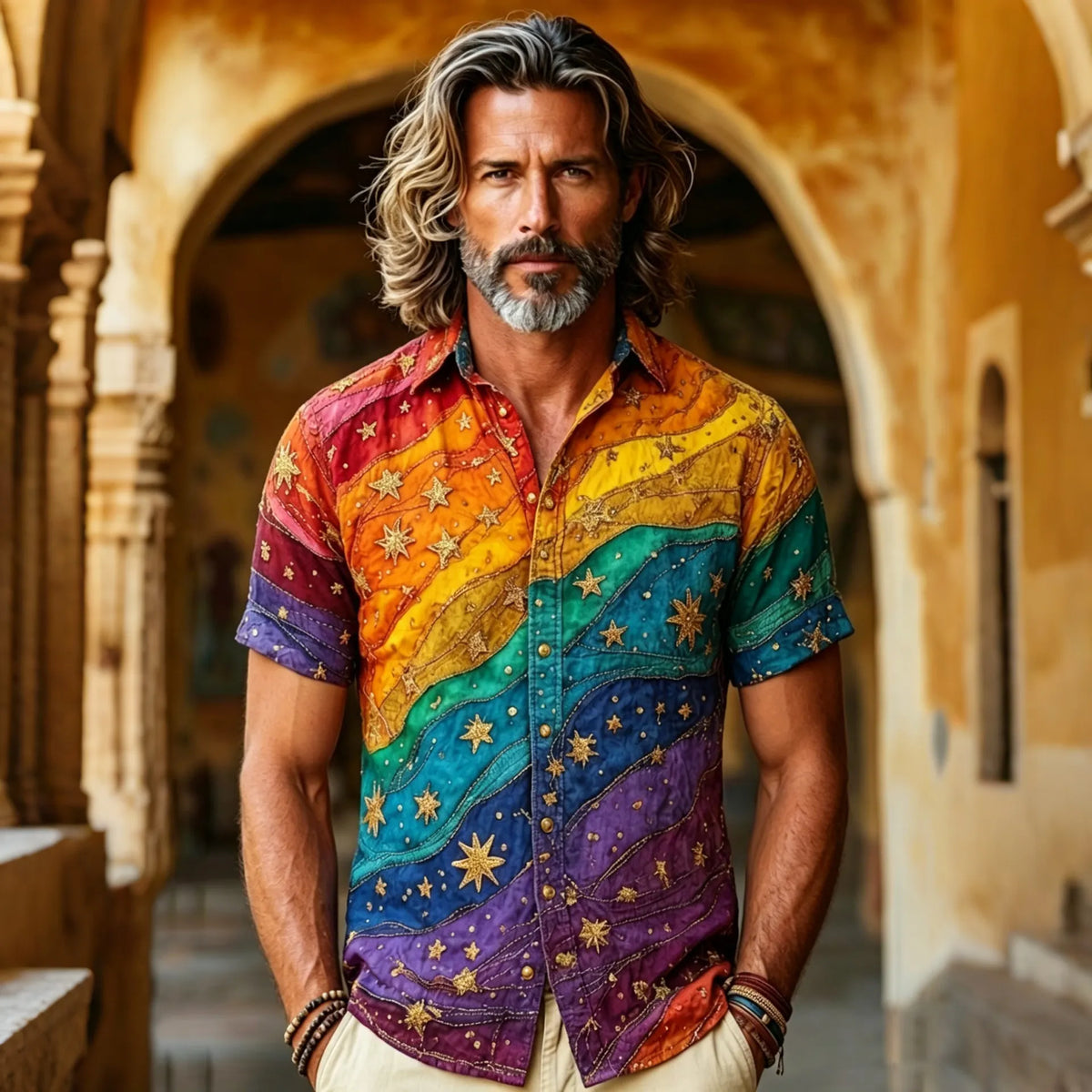 Men's Hippie Star Streaming Rainbow Design Printed Shirt