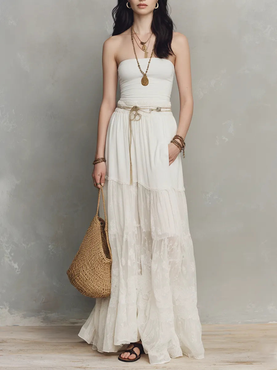 Black Sheer Duster & Ivory Lace Tiered  ¨C Modern Bohemian Elegance Maxi Skirt