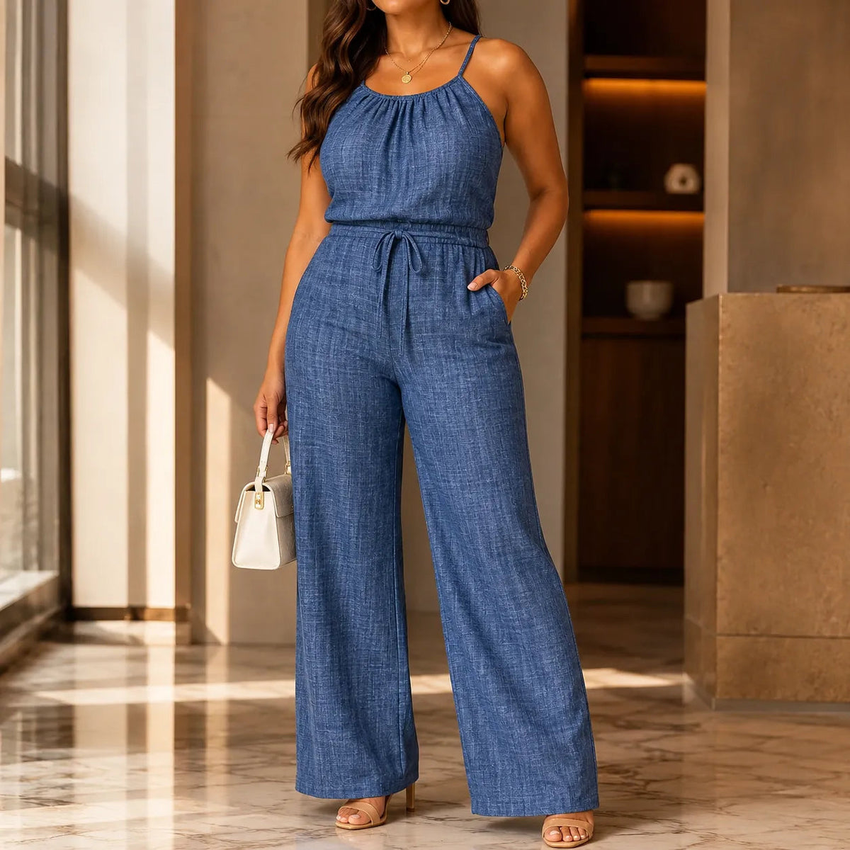 Soraya – Halter Wide-Leg Drawstring Jumpsuit, Summer Denim-Look