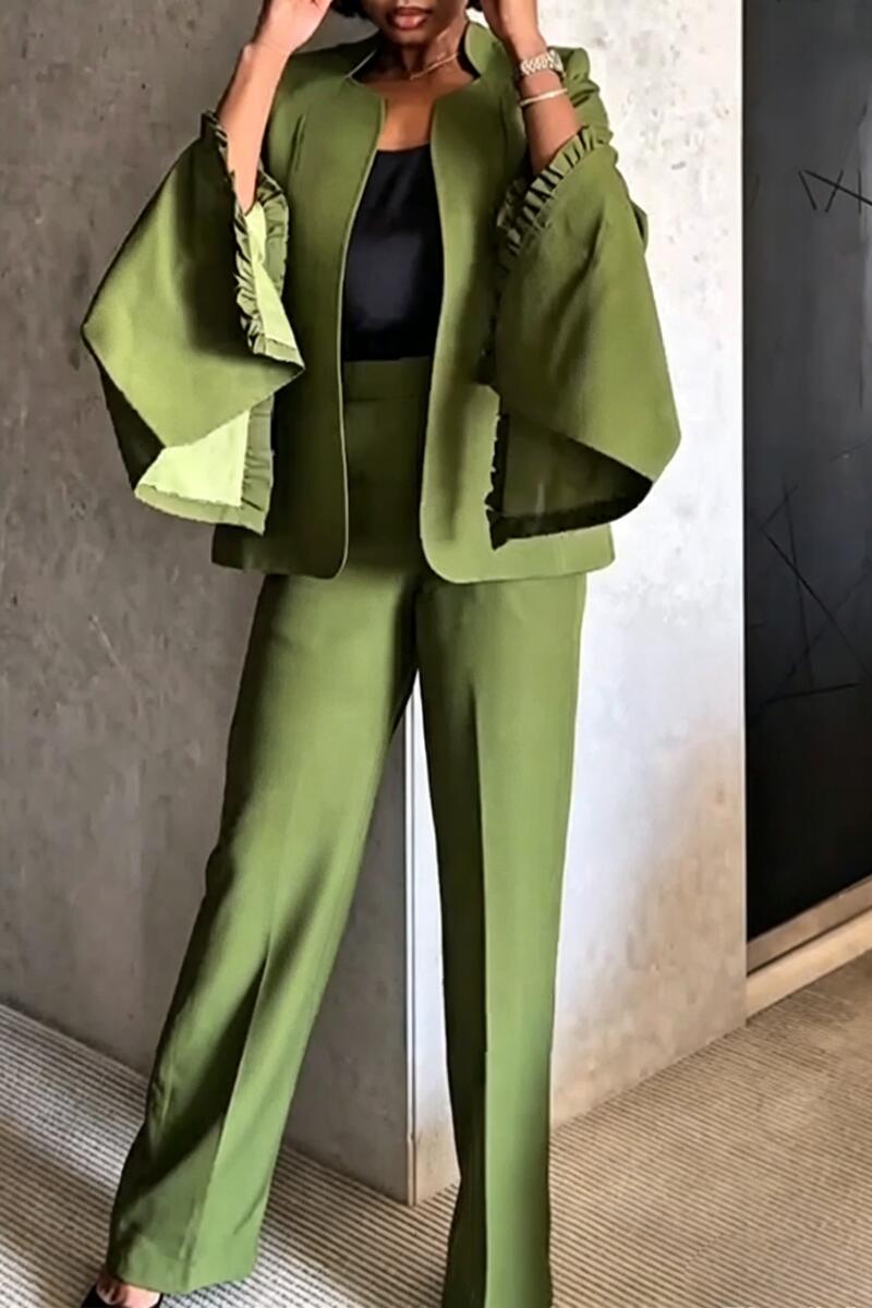 Women Trumpet Sleeve Jacket+ Wide Leg Pants Solid Color Temperament Commuting Set