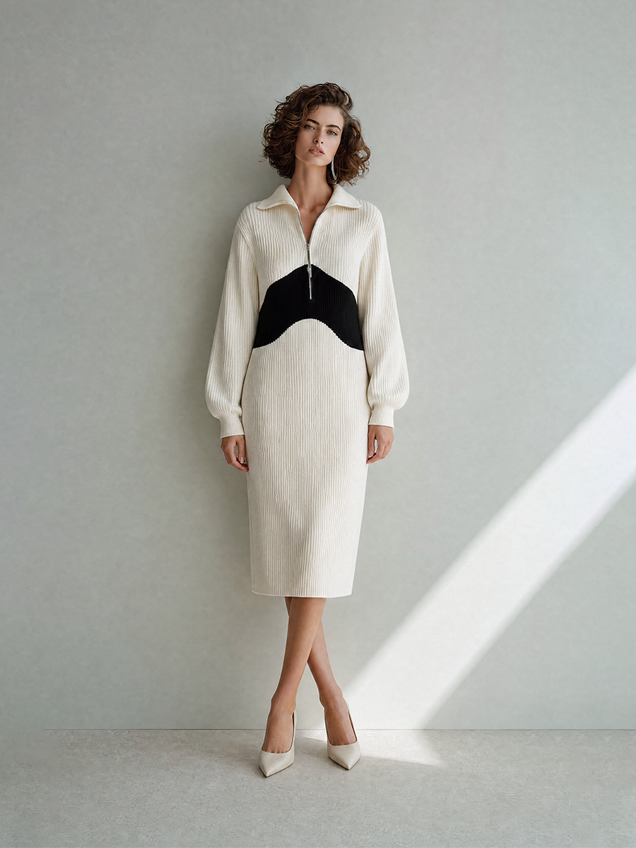 Women's Elegant White Ribbed-Knit Half-Zip Collared Long-Sleeve Colorblock Midi Dress MDZ2280G1CMX