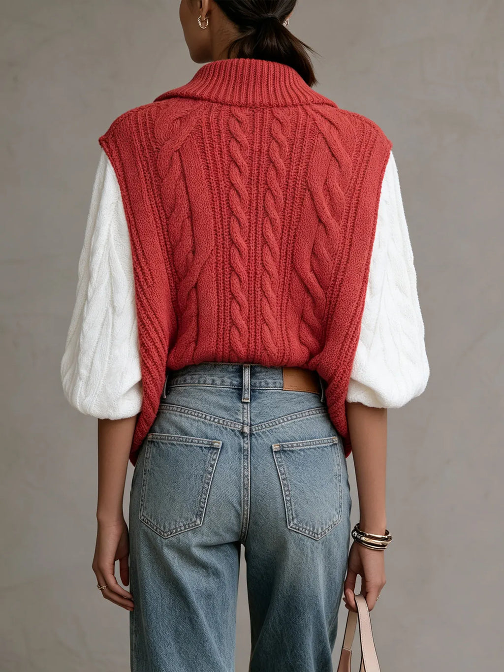 Coral Colorblock Cable Knit Half-Zip Sweater