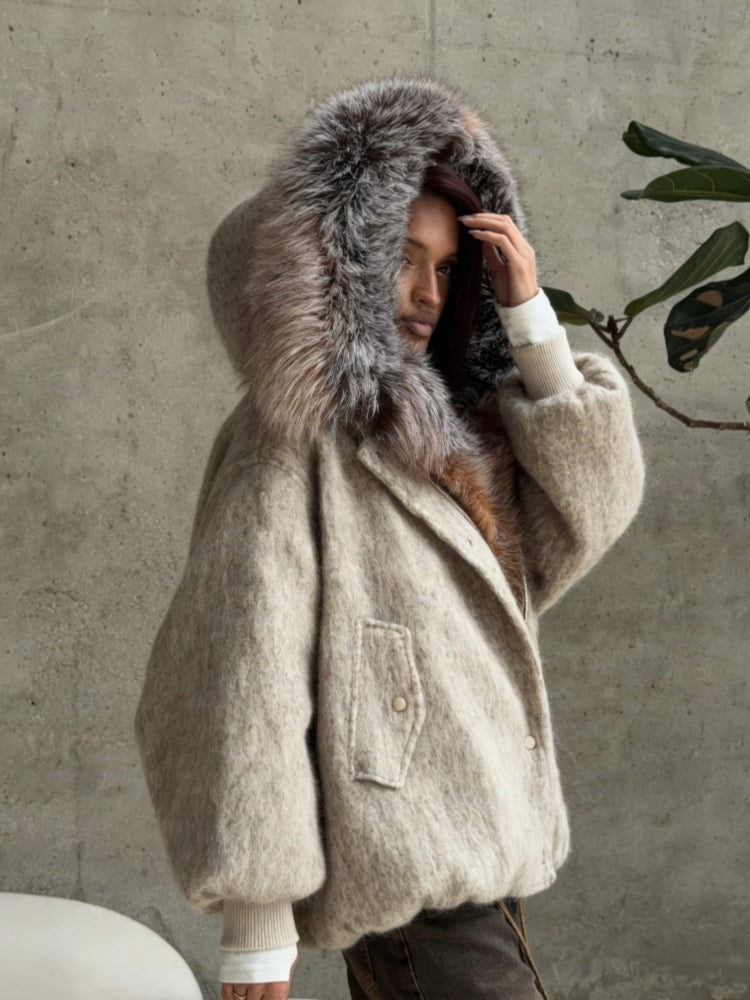 Faux Fur Hooded Wool-Blend Jacket