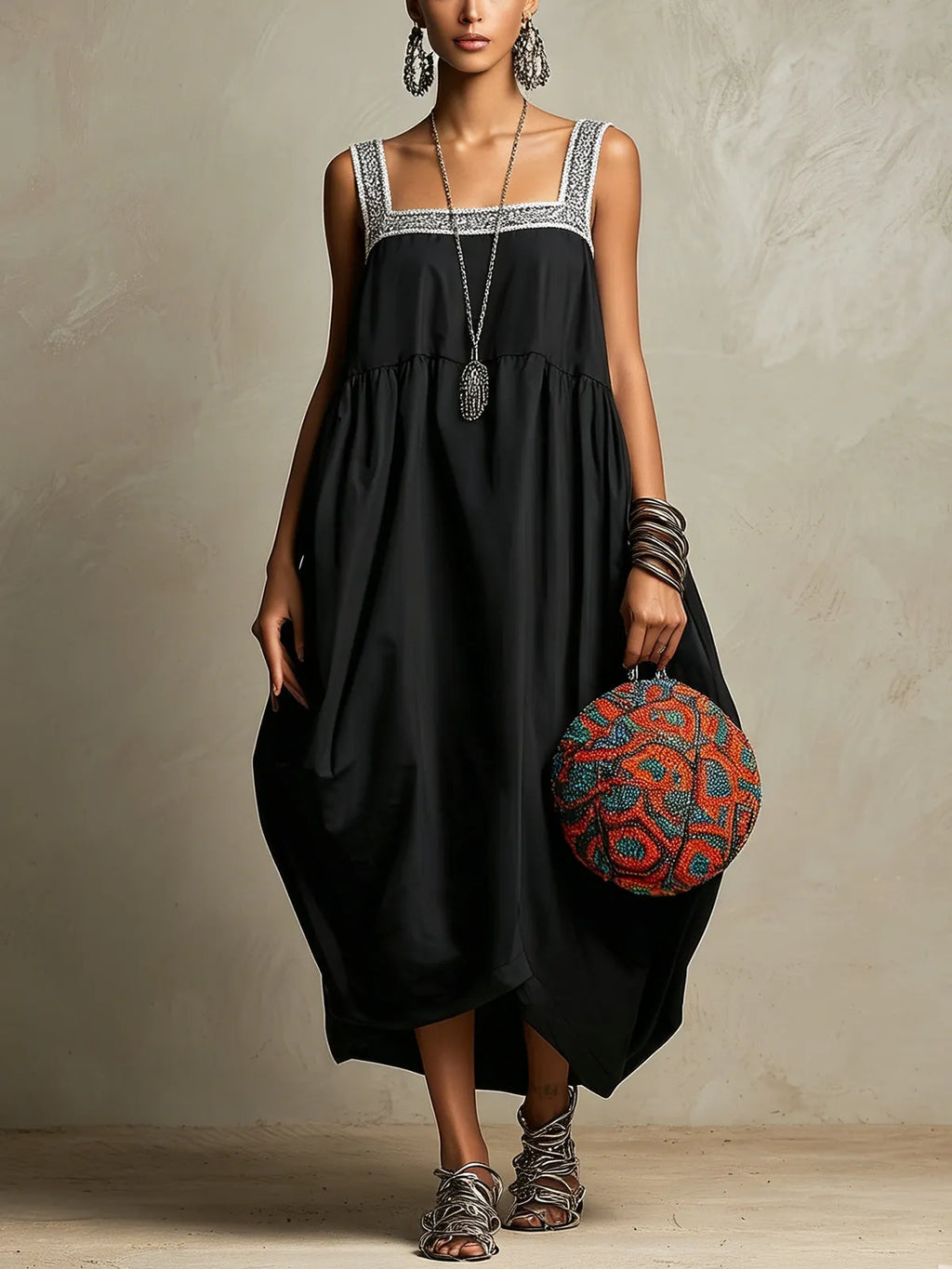 Black Sleeveless Maxi Dress With Silver Crochet Trim And Balloon Hem