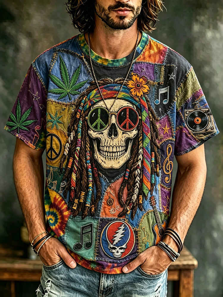 Men's Hippie Pirate Skull Tie-dye Peace Sign All Over Print Casual T-shirt