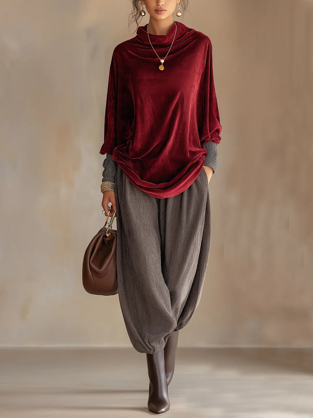 Burgundy Velvet Cowl Neck Top & Grey Crinkled Harem Pant Two‑Piece Set