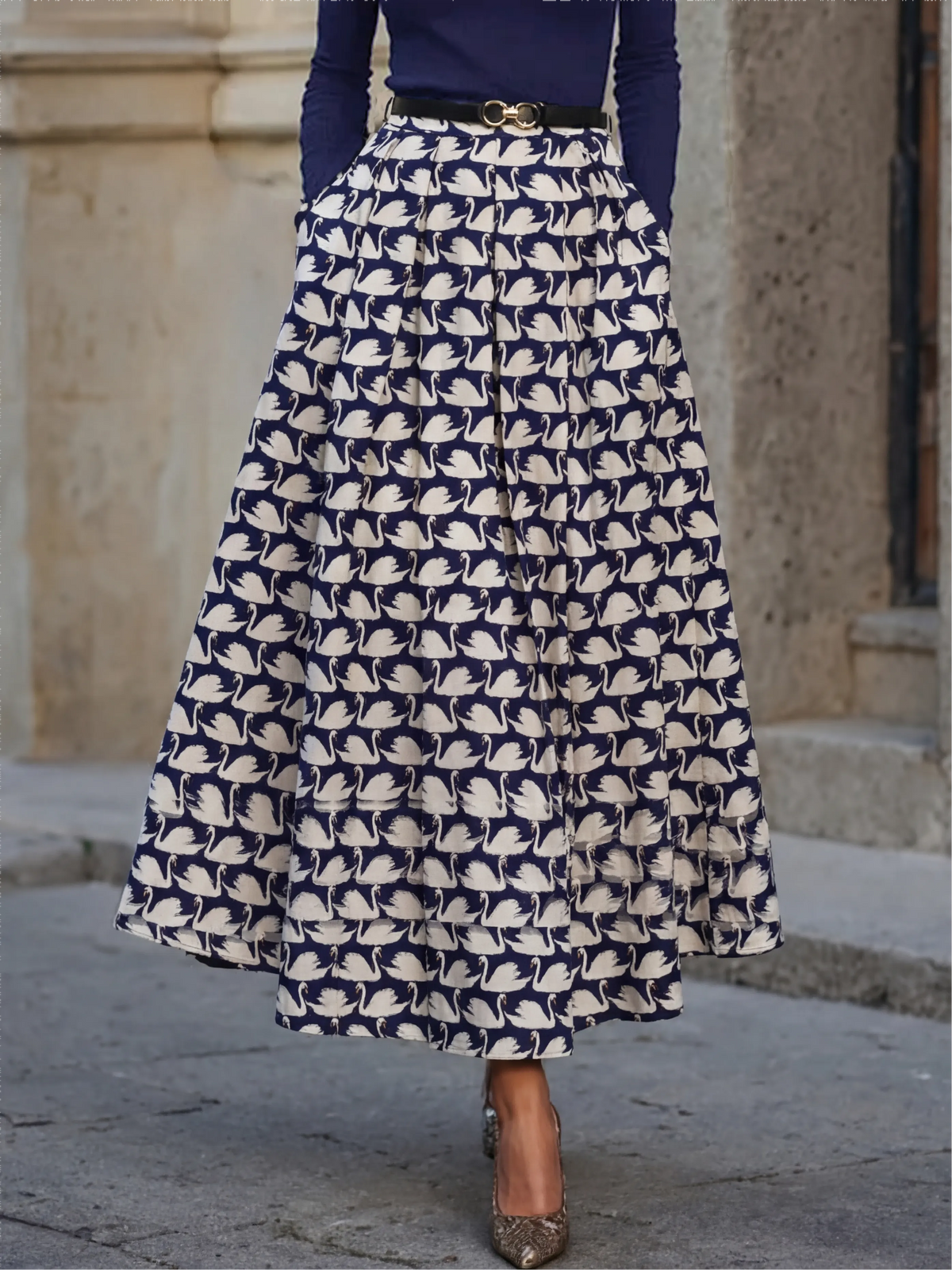 Maxi Cotton Skirt, Animal, Swan Print, Pocket Design, Vintage, Purplish Blue