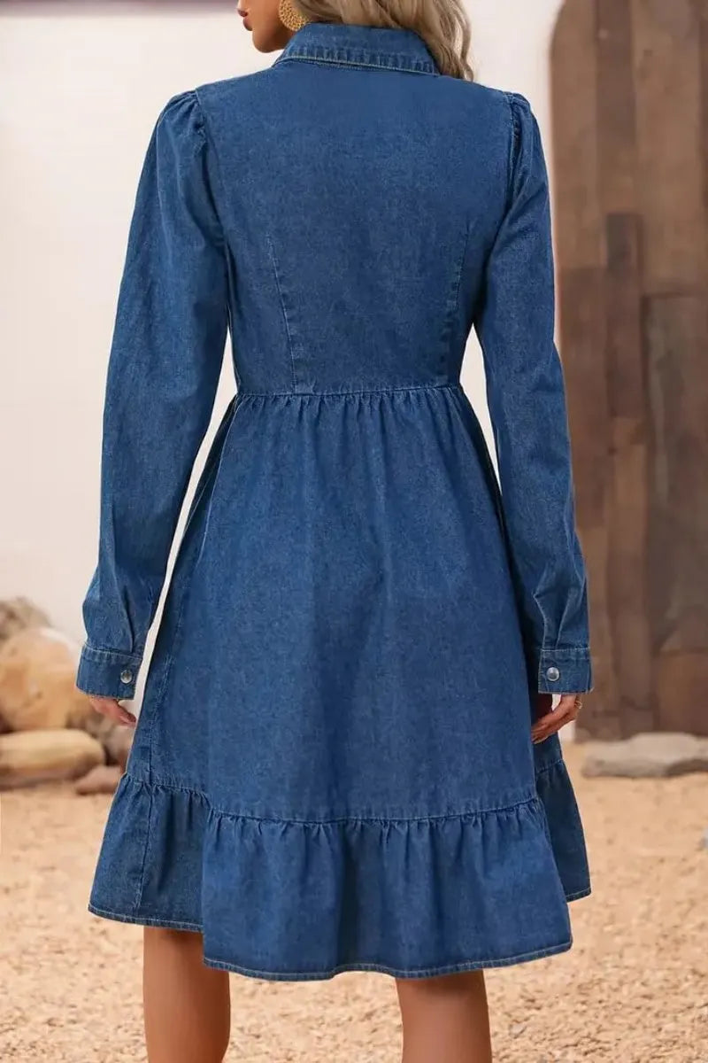 Women's Flowy Denim Dress 2025 Vacation Lapel Long Puff Sleeve Button Down A Line Swing Ruffle Jean Dress