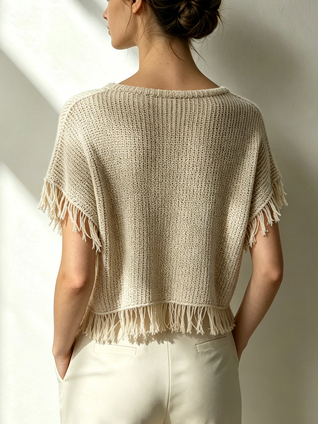 White Textured Fringe Hem Short Sleeve Top