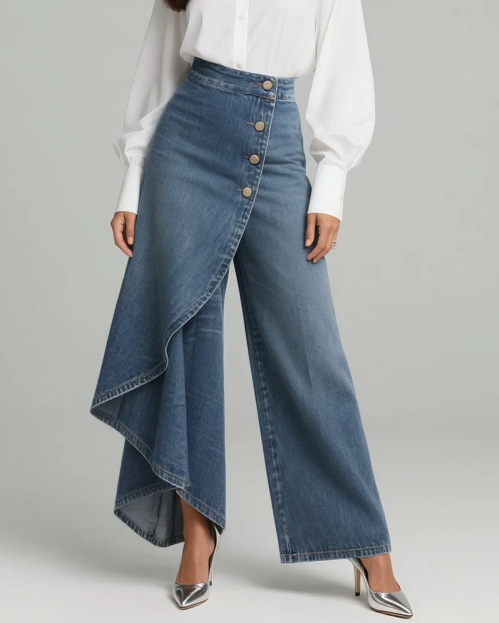 Denim Wrap Trousers - Wide Leg Pants for Women