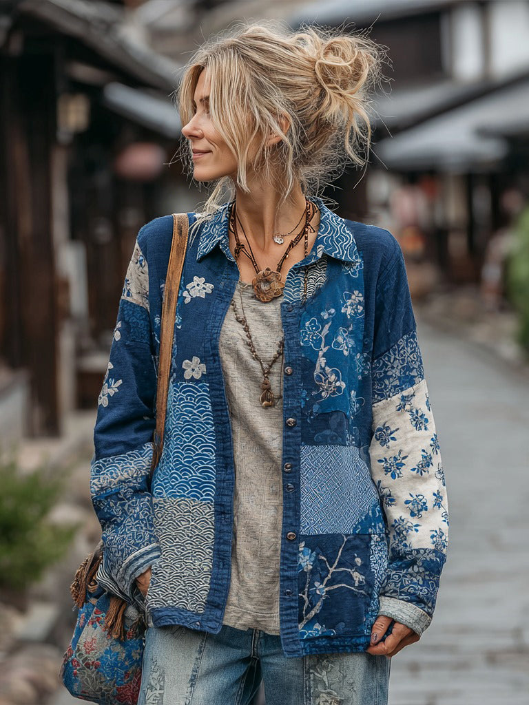 Women's Vintage Japanese Floral Patchwork Linen Button-up Shirt