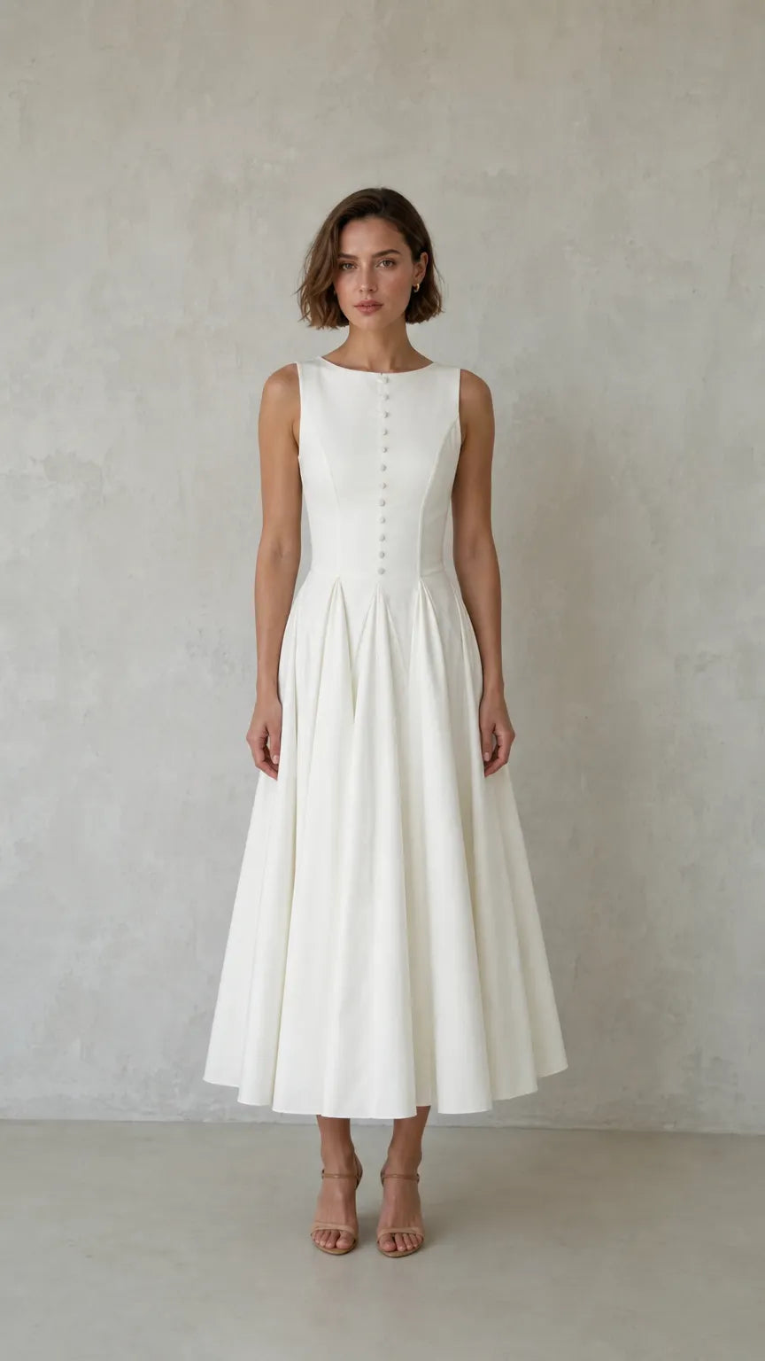 Elegance Sleeveless Pleated Midi Dress with Button Details