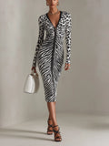 Black And White Mixed Animal Print Zip-Front Midi Dress