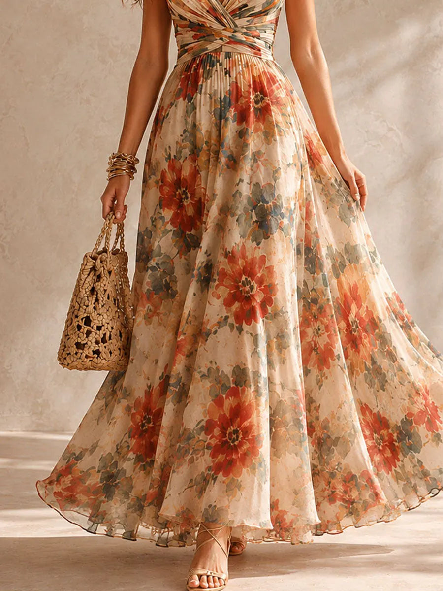 Boho Rust Floral Pleated V-Neck Chiffon Maxi Dress