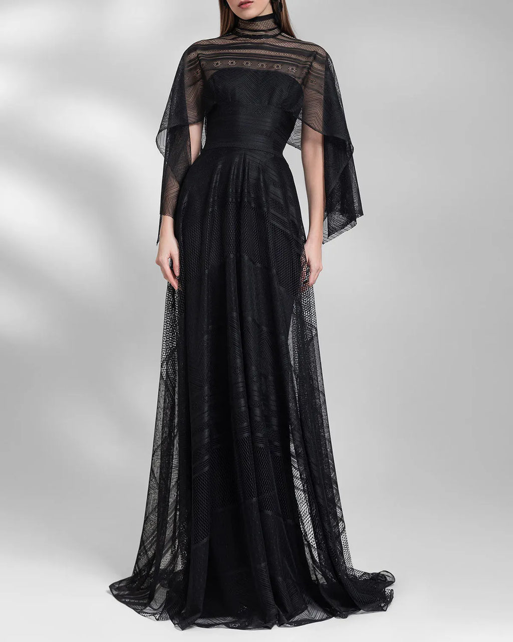 High Collar And Asymmetrical Cape Like Sleeves Lace Maxi Dress