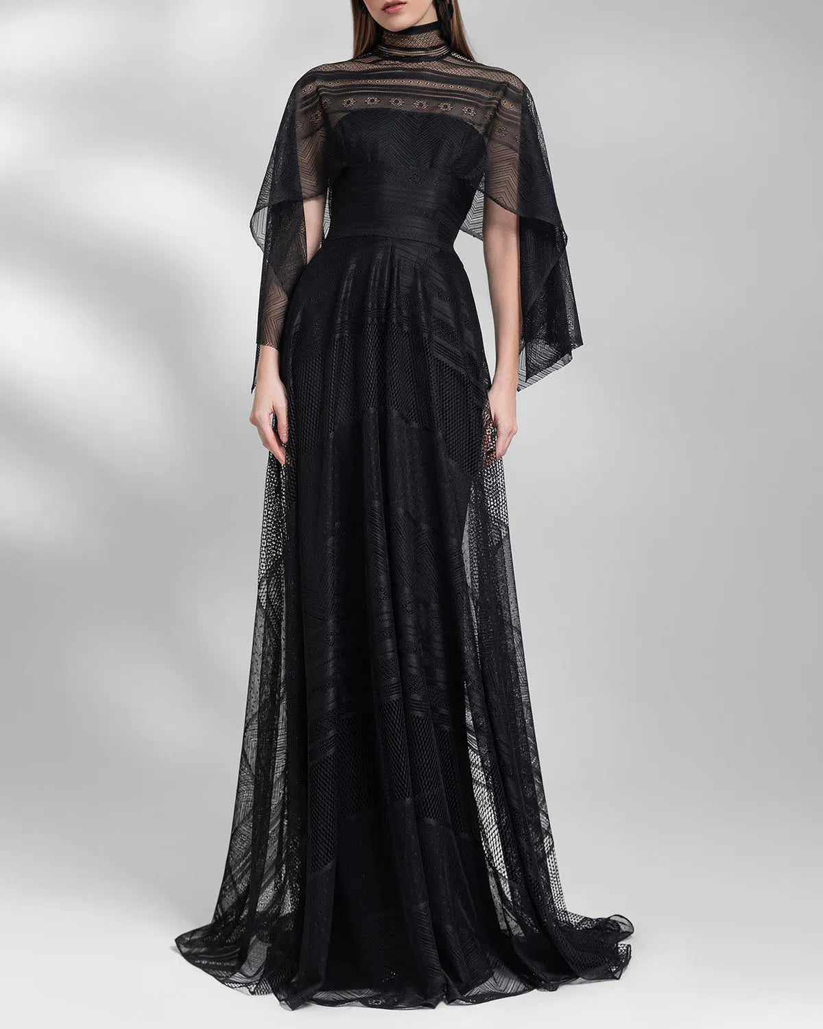 High Collar And Asymmetrical Cape Like Sleeves Lace Maxi Dress