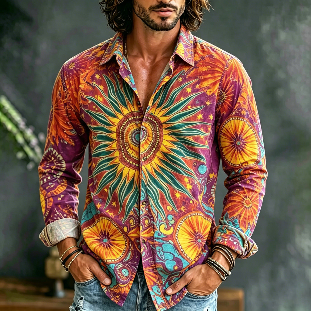Men's Tie-dye Vacation Casual Cotton Linen Long-sleeved Shirt