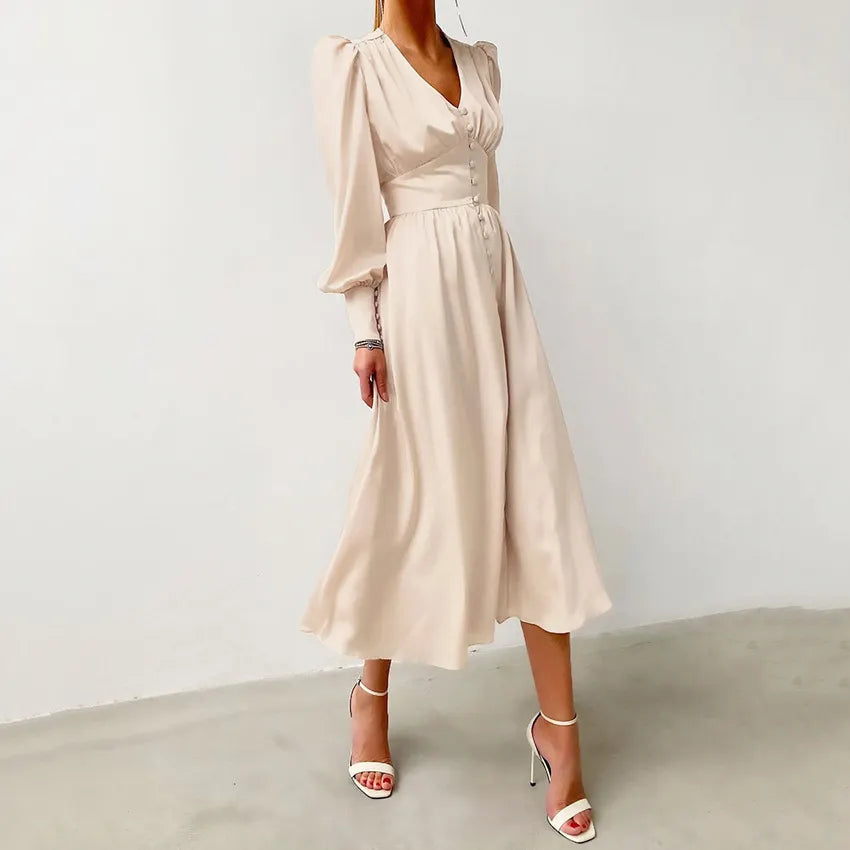 Slim Fit Green V Neck Wrinkled Silk Maxi Dress Puff Sleeve