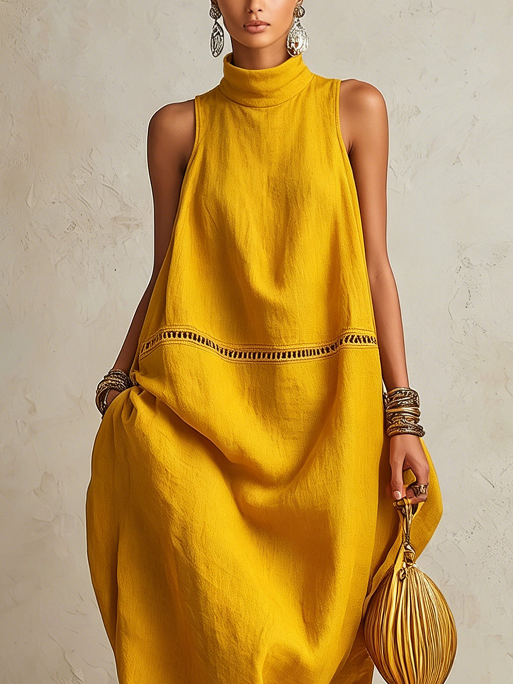 Yellow Sleeveless Maxi Dress With High Neck And Cutout Trim