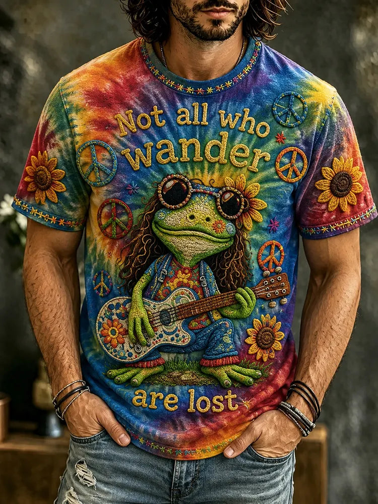 Men's Vintage Hippie Frog Pattern Art Embroidered T-shirt
