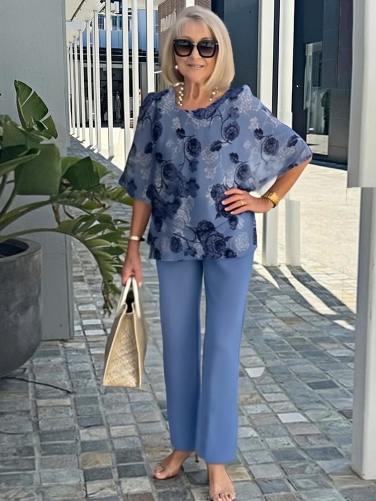 Casual Crew Neck Medium Sleeve Top Printed Floral Pants Set Two-piece Set