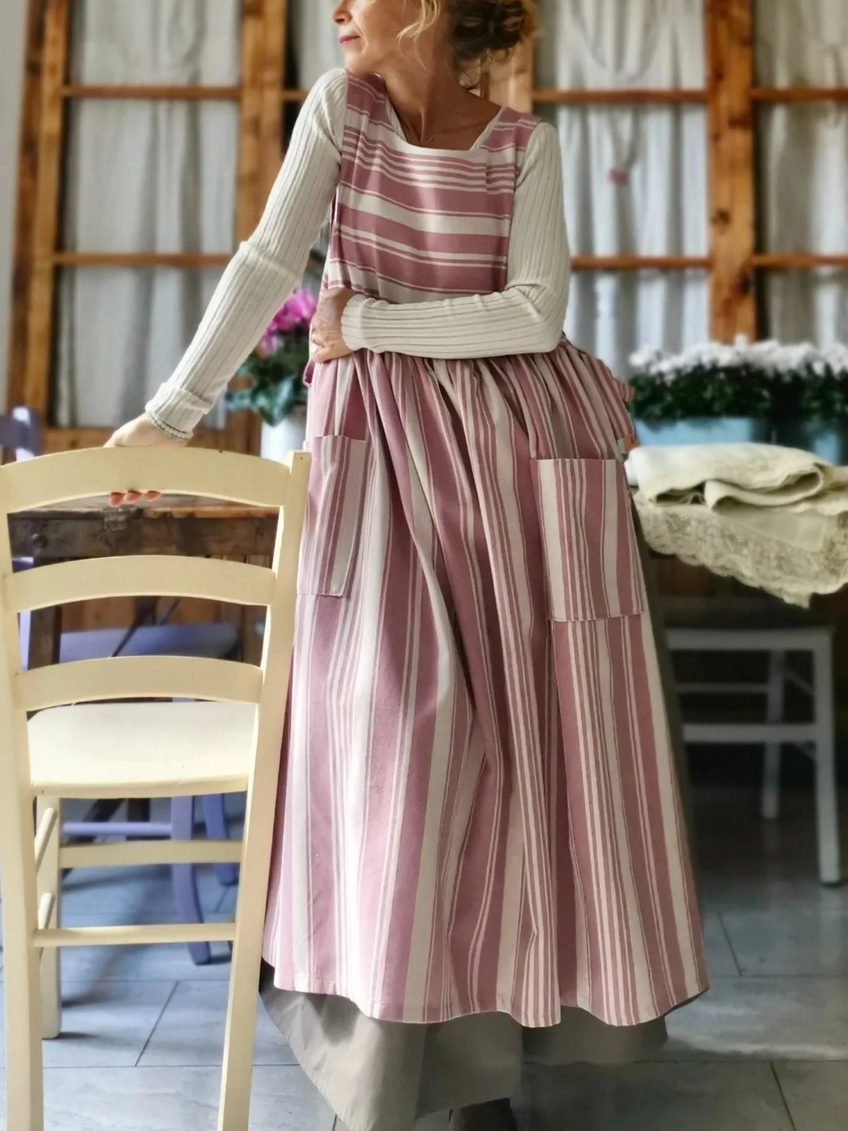Pink and Cream Striped Cotton Apron