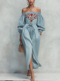 Blue Off Shoulder Vintage Embroidered Maxi Dress