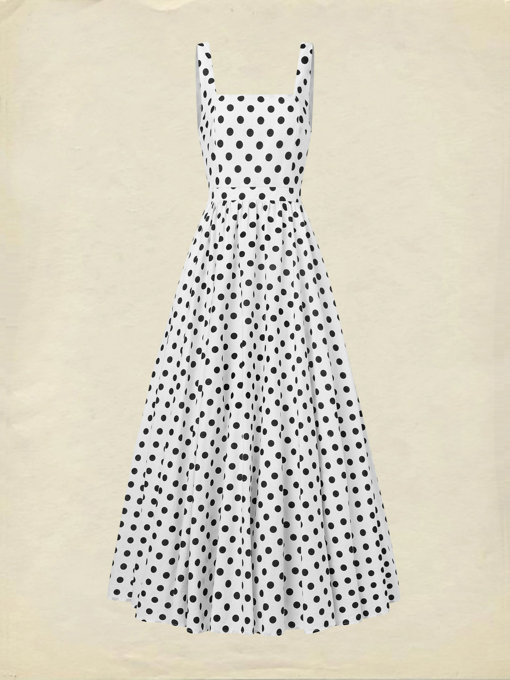 Maxi Cotton Dress , Sleeveless, Square Neck, Polka Dots, Suspenders, Vintage, White