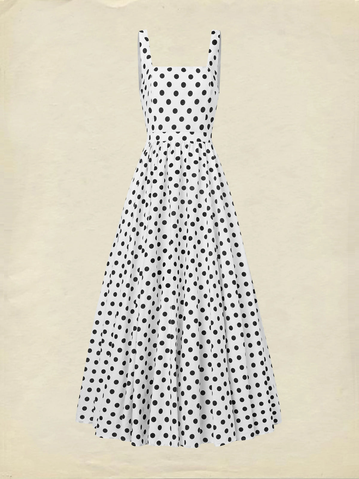 Maxi Cotton Dress , Sleeveless, Square Neck, Polka Dots, Suspenders, Vintage, White