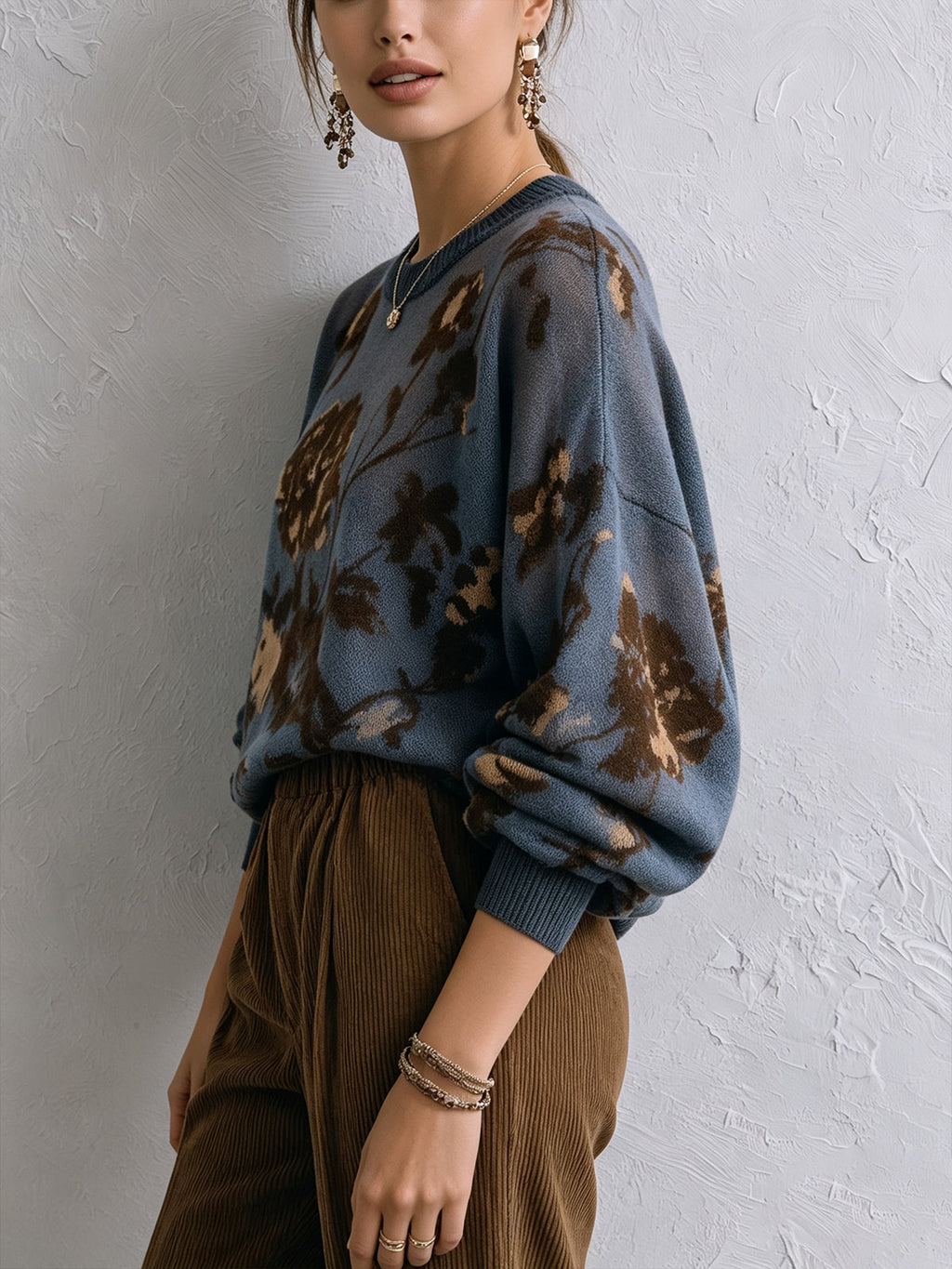 Blue Floral Oversized Knit Sweater