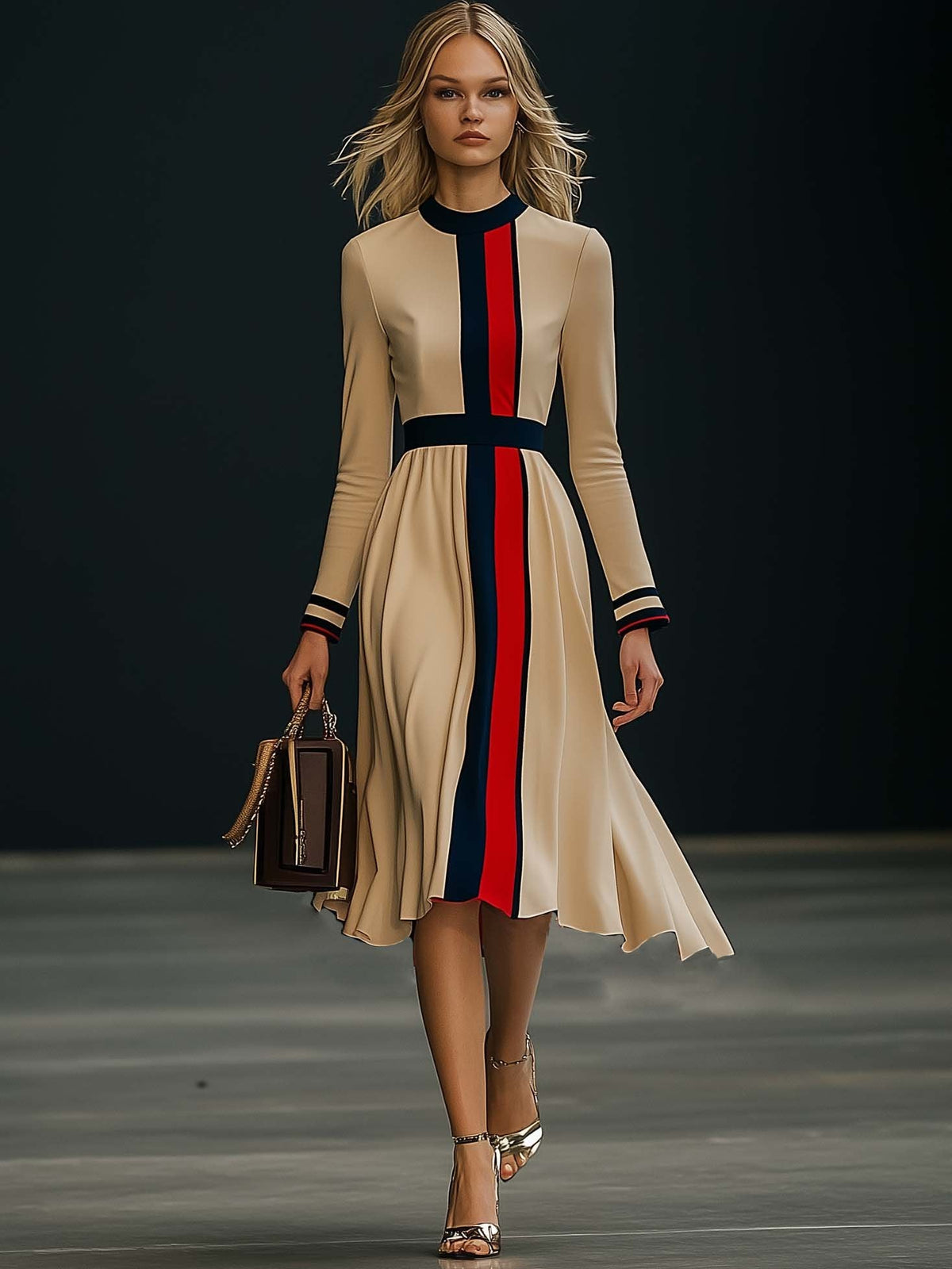 [24-hour shipping out]Elegant Colorblock Long Sleeve Midi Dress