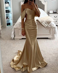 Off-The-Shoulder Ruched Satin Mermaid Gown with Court Train