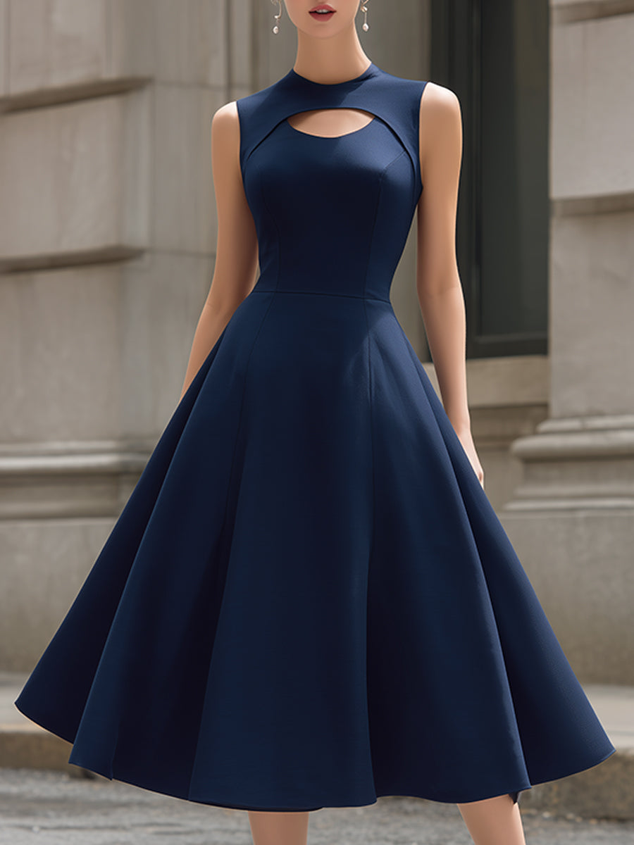 High Neck Cutout Sleeveless Structured A-Line Midi Dress