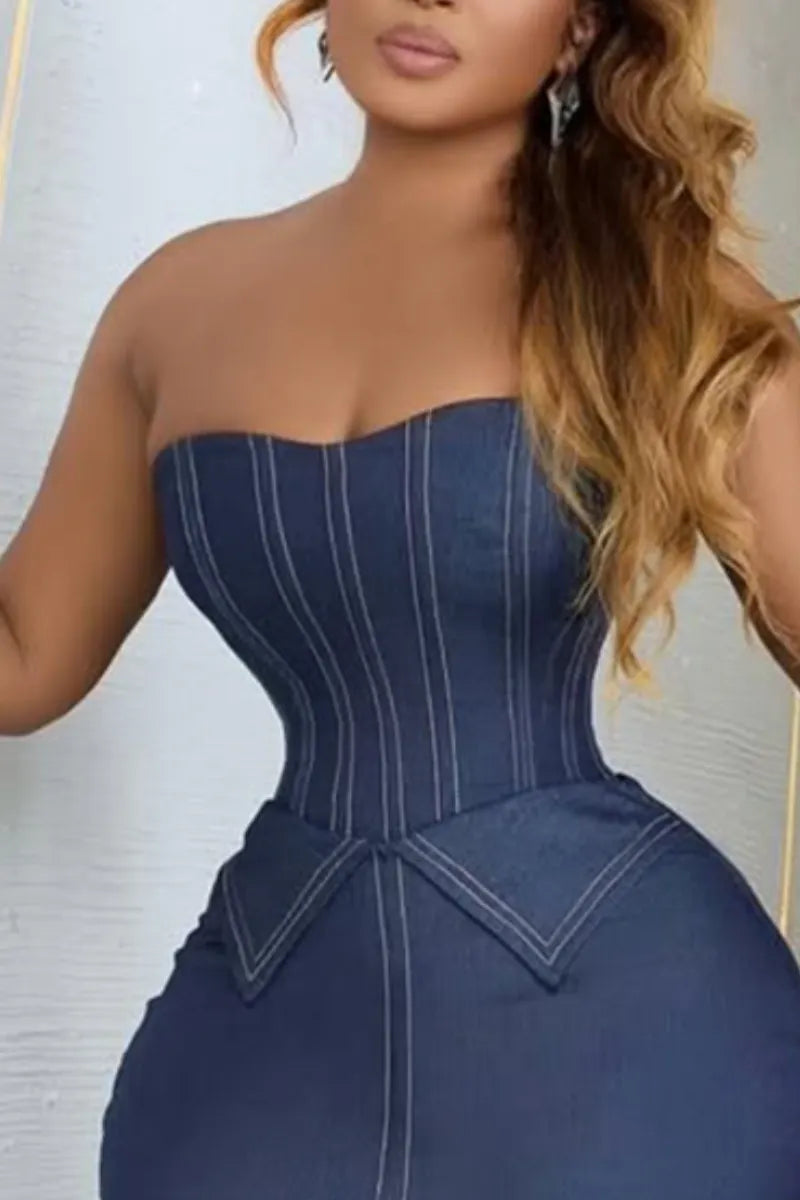 Women Elegant Temperament Strapless Denim Top or Split Denim Skirt