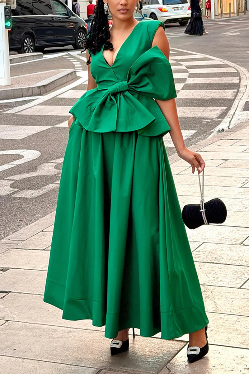 Women's Fashion V-Neck Bow Vset Skirt Set