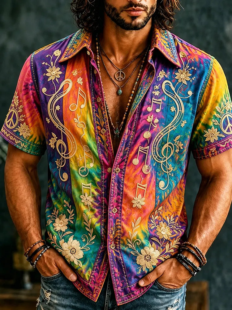 Men's Retro Hippie Floral  With Note Embroidery Art Short Sleeve Shirt