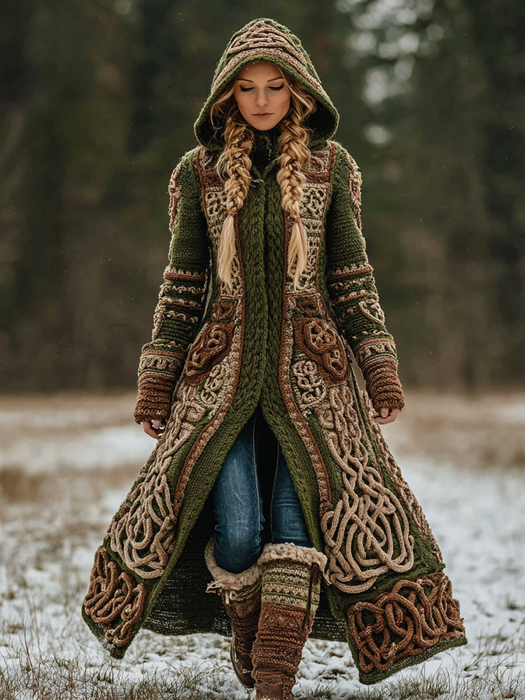 Women's Vintage Viking Celtic Knot Rune Contrast Knit Hooded Coat