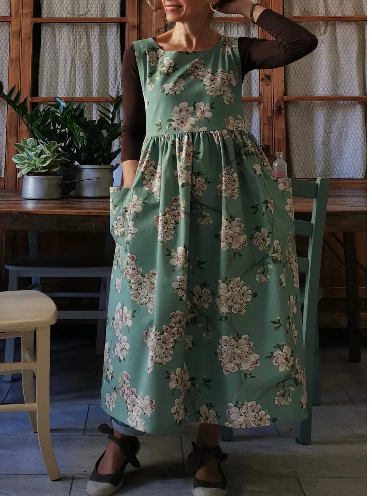 Green Apron with Peach Blossoms