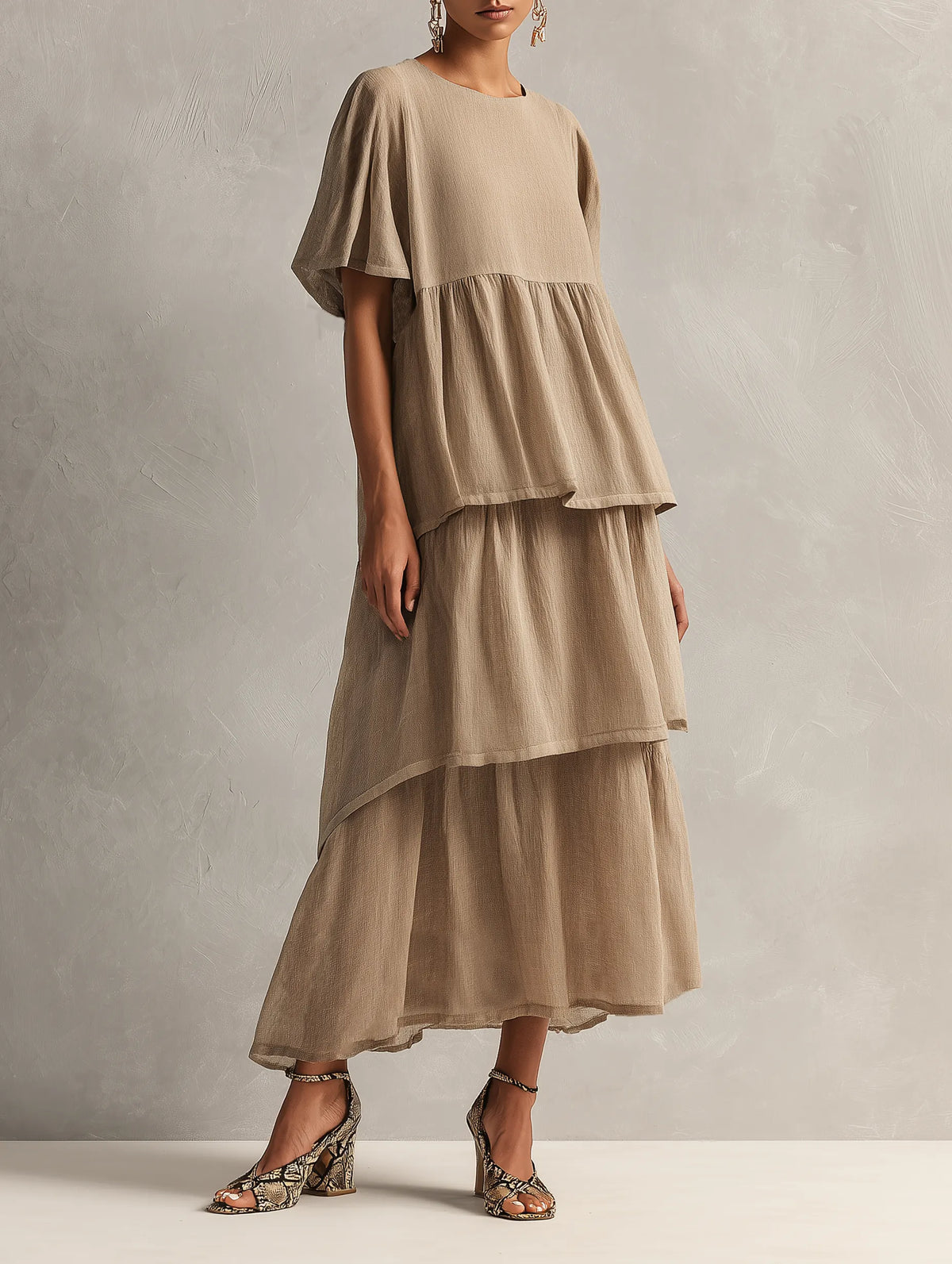 Women's Minimalist Linen-Blend Short-Sleeve Maxi Dress With Tiered Hem MDZ2371F5WY