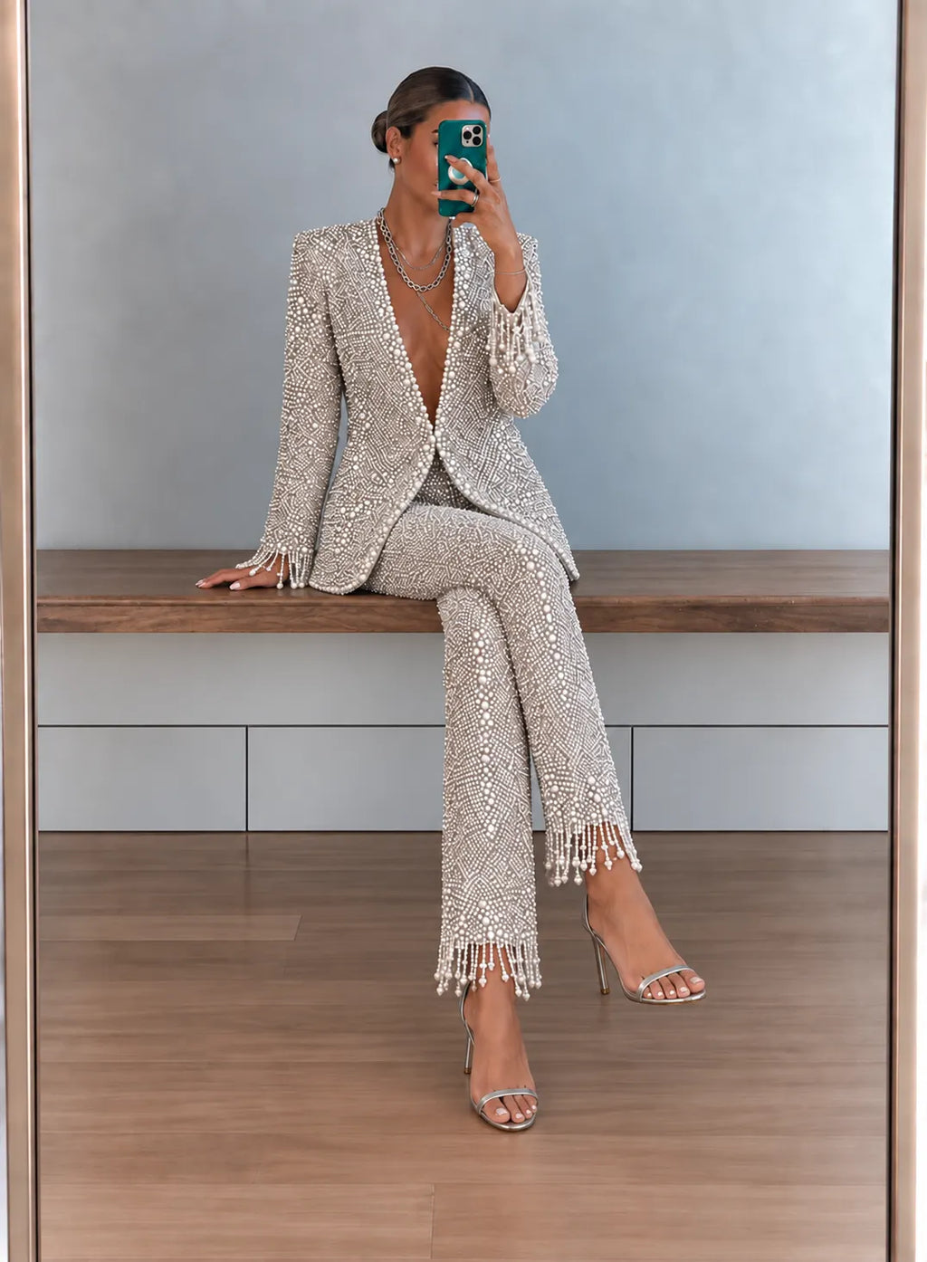 Silver Beaded Fringe Blazer Cropped Pants Two‑Piece Set