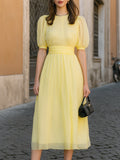 Puff Sleeve Chiffon Midi Dress With Detachable Waist Belt