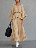 Women's Casual Khaki Long-sleeve Maxi Dress With A Textured Woven Finish And Round Neck MDZ2343G8LXY