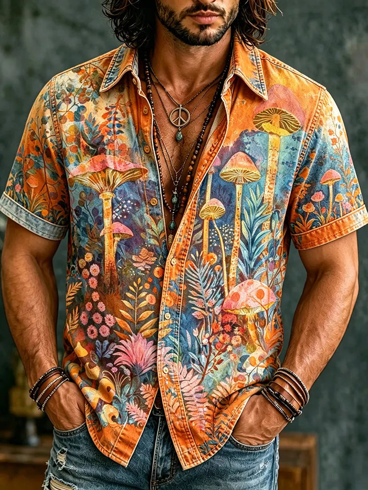 Men's Retro Hippie Psychedelic Mushroom Forest Pattern Casual Washed Shirt