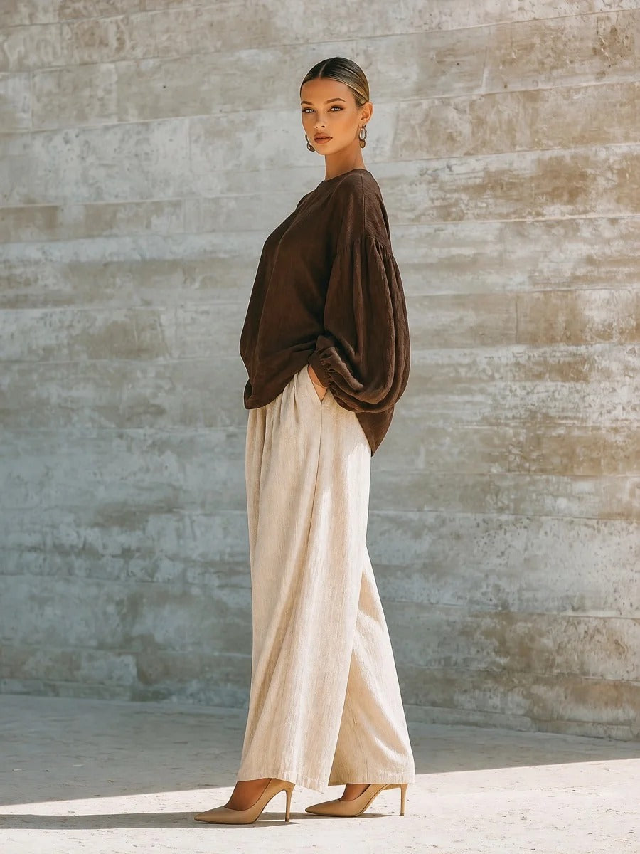 Women's Brown Long Sleeve Top and Wide Leg Pants Two Piece Set